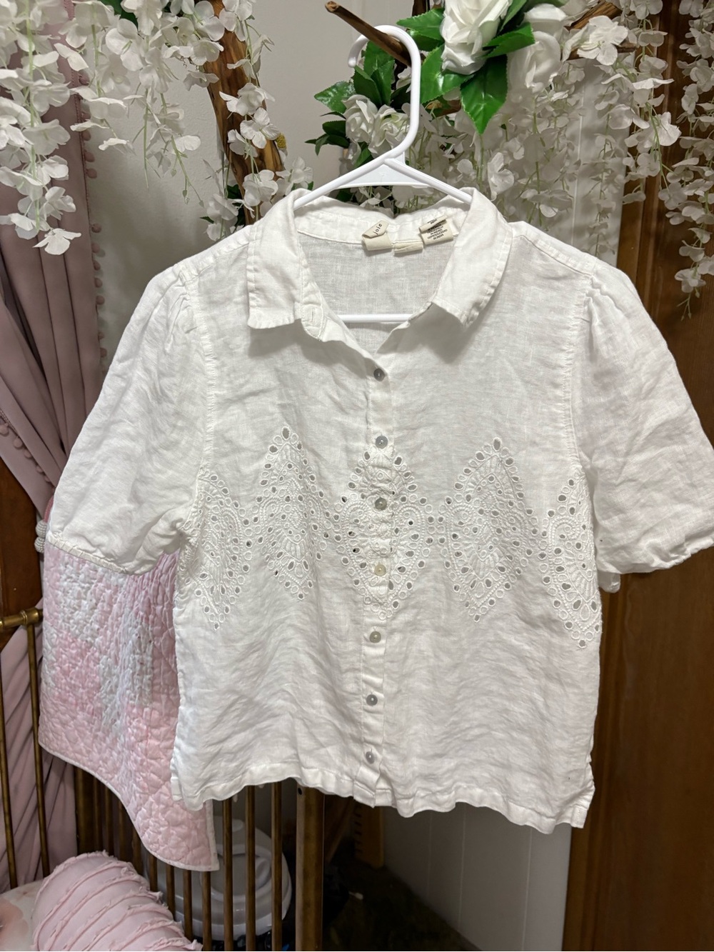 Joie White Eyelet Linen Button-Front Top 100% Linen